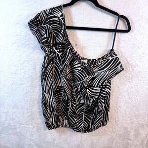 Body Central Y2K Top One Shoulder Ruffle Palm Leaf Large Black White Women